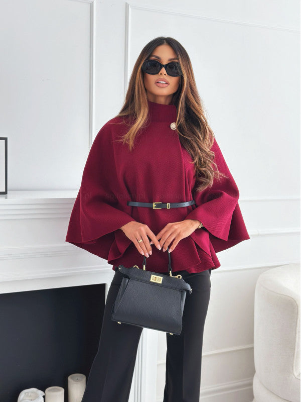 Cape élégante à manches chauve-souris avec ceinture – Mode tendance pour femmes en laine chic